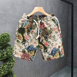 
Hawaiian ice silk flower shorts men and women large size summer loose five-point printed casual pants couple beach pants
