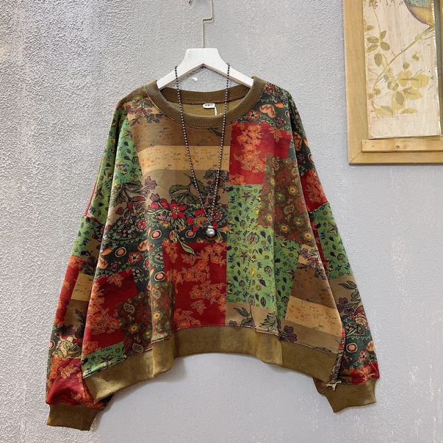 Personalized sweatshirt for women 2024 spring new loose large size retro printed terry cotton round neck ladies top