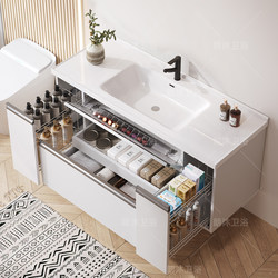 Japanese-Style Pull-Out Basket Storage Bathroom Cabinet with Integrated Ceramic Washbasin and Sink Cabinet Set for Bathroom Vanity