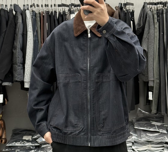 
Single-eye spring men's corduroy collar patchwork Barn style denim jacket Japanese retro loose handsome commuter jacket