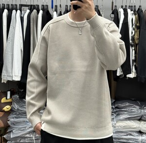 
Lock core autumn and winter new men's textured fake two-piece spliced round neck pullover sweater Korean style loose and versatile sweater