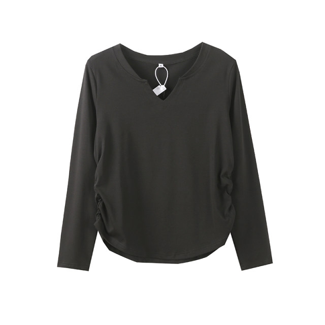 Plus Size Women Summer Casual Split Hem Pleat Spliced Solid T-Shirt main image 1