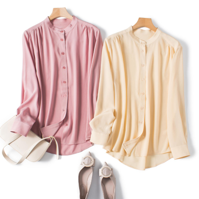 Small stand-up collar Hangzhou silk top for women 2021 new long-sleeved solid color mulberry silk shirt versatile loose spring clothes