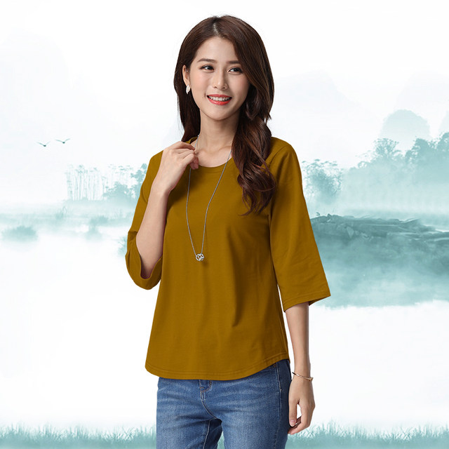 Three-quarter sleeve pure cotton loose trendy spring and summer round ...