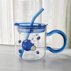 ins High Borosilicate Glass Cup with Scale, Straw Cup, Milk Cup, Colored Handle, with Lid, Large Household Water Cup, for Students and Couples