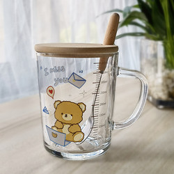 ins Glass Cup with Cartoon Print, Straw Cup with Lid and Spoon, Graduated Milk Cup, High-Quality Breakfast Cup, Cute Gift