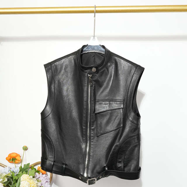 2024 autumn high -level sense stand -up leather vest ladies sheep leather sheepskin vest, shoulder carrier horse clip short jacket