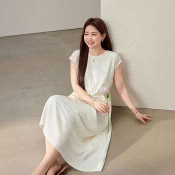 
Striped pleated design vacation dress slim and slim plus size women's fat mm summer new style