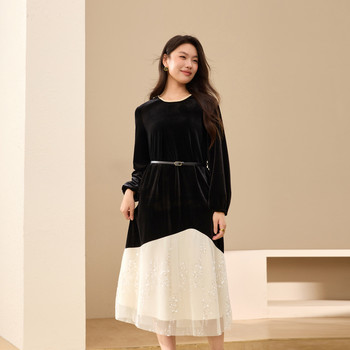 
Elegant Hepburn style velvet splicing dress, slim and beautiful plus size women's wear for fat mm 2025 winter new style