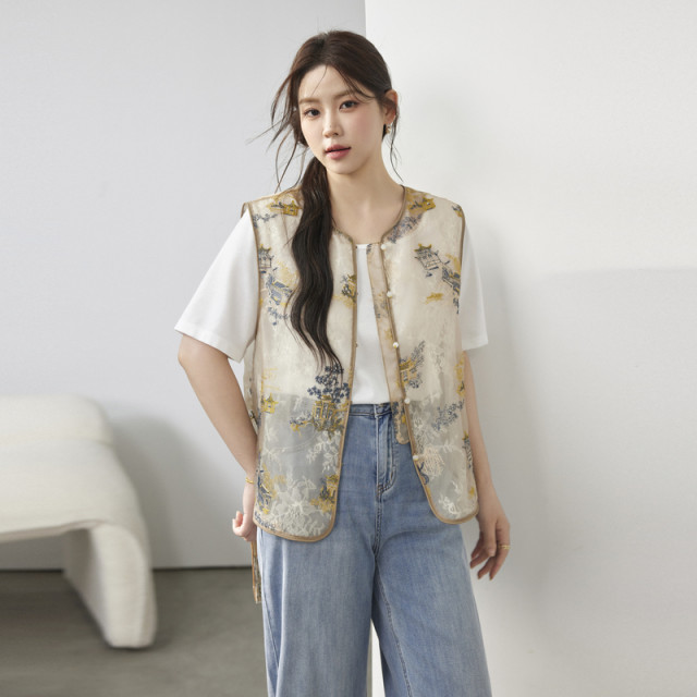 New Chinese retro vest Fiber Xiu Large -size Women's Heavy Industry Embroidery Design Significance Niche Top Fat MM Summer New
