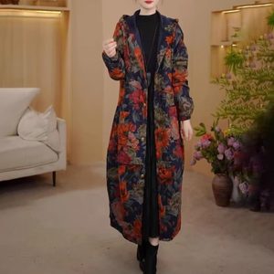 
Autumn and winter high-end ethnic style retro plus velvet thickened hooded long printed windbreaker women's cotton and linen warm coat jacket