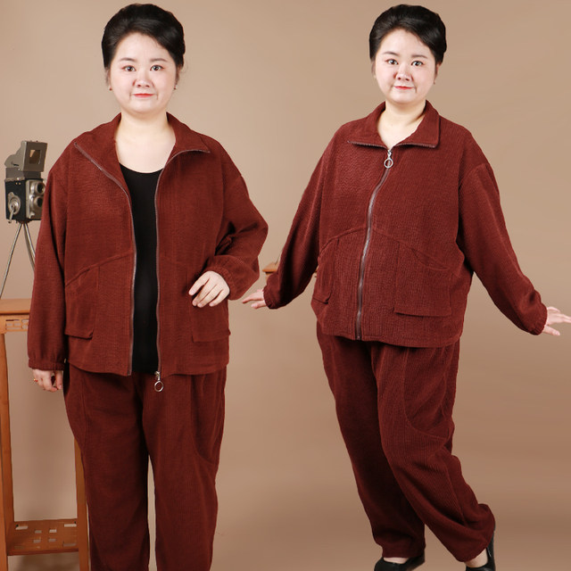 Fat mother corduroy casual two-piece set for middle-aged and elderly people with fat plus size new style grandma spring and autumn sportswear