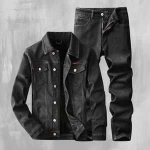Winter plus velvet denim outer set men's tide brand clothing lapel jacket thickened warm black denim trousers men's model
