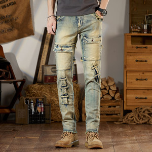 
European and American high street fashion brand retro splicing jeans men's patched raw edge distressed motorcycle riding multi-pocket trousers