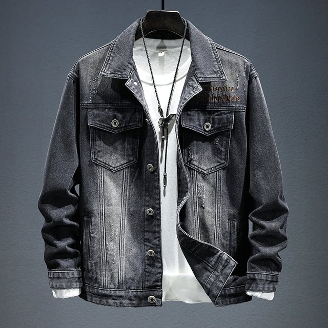 Retro black and gray denim jacket men's spring and autumn highend