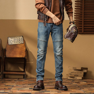 
American retro workwear jeans for men, autumn and winter splicing, micro-elastic, slim-fitting, casual long pants for men, popular