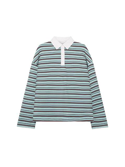 {1 piece 85 2 piece 75} American retro college green striped loose long sleeve T-shirt women's polo top rosy