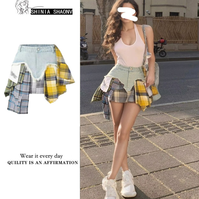 Street girl style splicing irregular denim shorts for women retro versatile hip-hop sports casual skirts