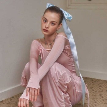 French milky blue large bow with extra long streamer