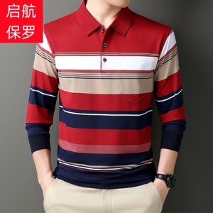 
Striped POLO shirt men's new spring and autumn cotton loose large size business casual middle-aged lapel long-sleeved T-shirt for men