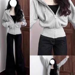 Spring Jacket Outfit: Gray Short Hooded Sweatshirt for Women, Spring and Autumn 2025 New Style, Slim Fit, Regular Shoulder Top
