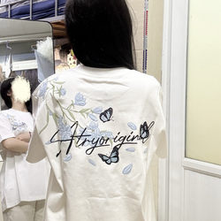 Blue Floral Letter Embroidery Short-Sleeve T-Shirt for Women, Summer Design, Niche American Retro National Trend Brand, Pure Cotton Top