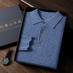 
Light luxury business men's cashmere sweater men's honeycomb polo lapel knitted sweater loose long-sleeved T-shirt business