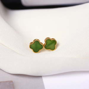 
Natural Russian Jasper Sterling Silver Inlaid Four-leaf Clover Earrings Women's Jade Simple Earrings Jewelry Gift
