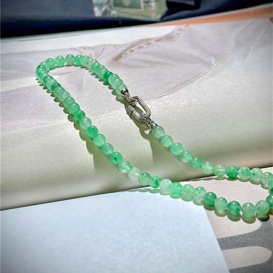 
Natural Dulong jade ice floating flower round bead necklace women's jade flat high ice African jade color necklace jewelry