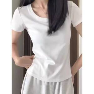 
White right shoulder round neck short-sleeved t-shirt for women summer slimming hot girl versatile base basic top t-shirt
