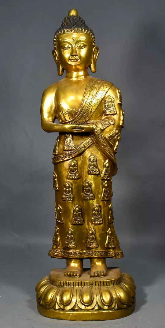 藏传纯铜黄铜鎏金释迦牟尼百佛站阿弥陀佛像居家佛堂摆件55cm用品 