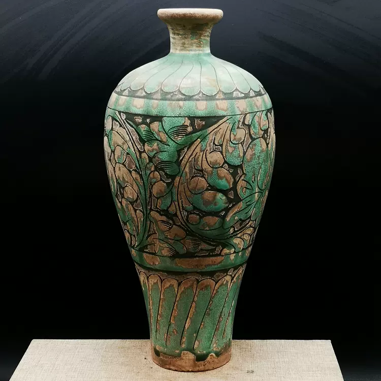 宋磁州窯綠釉刻牡丹花梅瓶古玩古董真品老貨舊貨老物件收藏瓷擺件-Taobao
