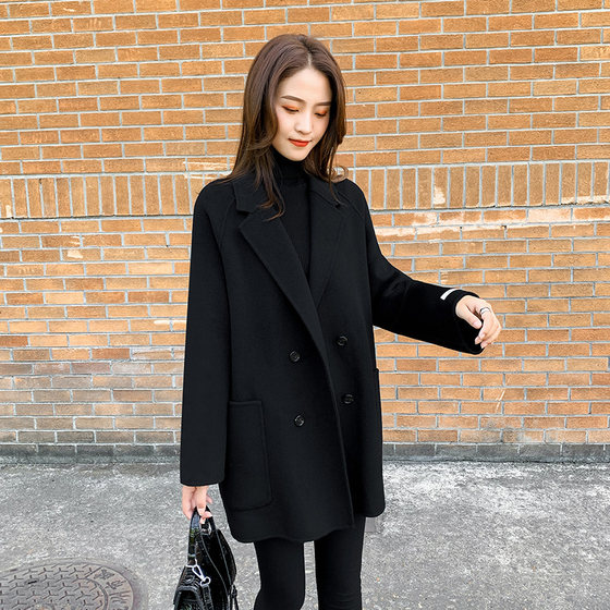 
Black double-sided cashmere woolen coat Korean style loose 2025 new women's autumn and winter mid-length woolen coat for women