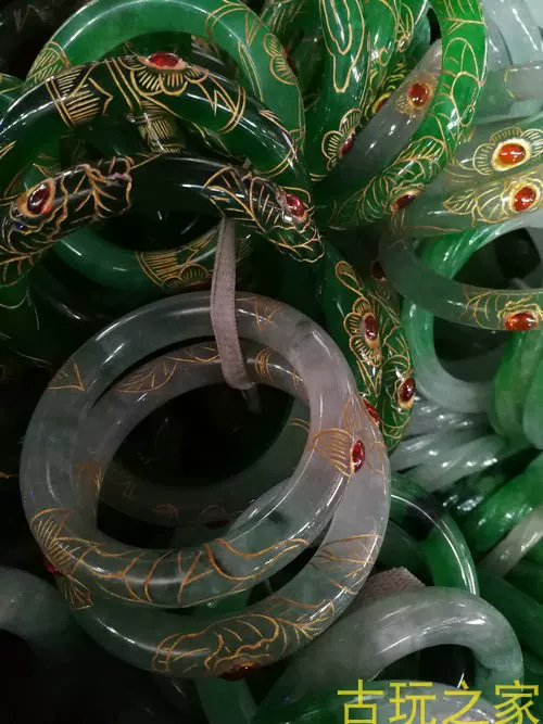 古玩古董老翡翠清代老翠玉刻金雕花镶嵌红宝石手镯一件1500-Taobao Vietnam