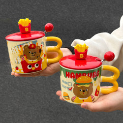 Cute French Fries Cup for Boys and Girls, Large-Capacity Ceramic Mug with Lid and Spoon, Office Coffee Milk Cup