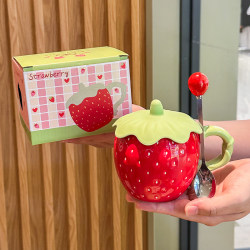 Cute Strawberry Mug, Popular Ceramic Cup with Lid, 2025 New Model Water Cup, Practical Birthday Gift for Girls