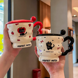 Super Cute Apple Cat Mug, High-Quality Ceramic Mug with Lid and Spoon, Couple's Coffee Milk Cup, Souvenir