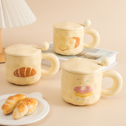 Cute Milk Fufu Mug for Girls, High-Quality Ceramic Mug with Lid and Spoon, Couple's Coffee Breakfast Mug for Office