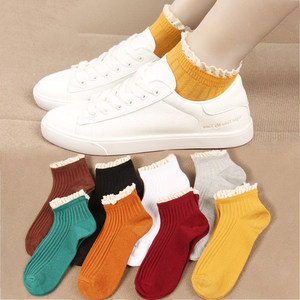 Solid color socks for women Korean style Japanese women's socks for spring and summer short tube colored boat socks trendy lace socks personalized short socks
