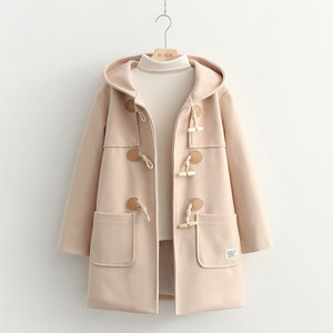 
College style double row horn button mid-length woolen coat for women 2025 spring and autumn new Japanese student thick coat