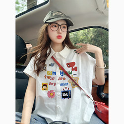 Right Shoulder Cartoon White Short-Sleeved Shirt for Women Summer Loose Retro Niche Lazy Style Age-Reducing Couple Tops Shirt