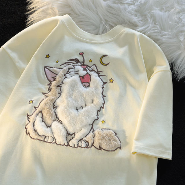 Co-branded cartoon trendy brand sweet short-sleeved T-shirt for women in summer new couple dopamine niche loose green top