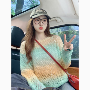 彩色慵懒风宽松显瘦V领镂空针织衫女长袖夏季薄款高级感上衣毛衣