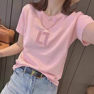 
Embroidered letters short-sleeved T-shirt for women 2026 summer European hot style versatile pink tops right shoulder T-shirt chain