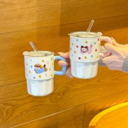 Birthday Gift, High-Looking Ceramic Water Cup with Lid, Mug, Cartoon Couple Straw Cup, Breakfast Coffee Milk Cup
