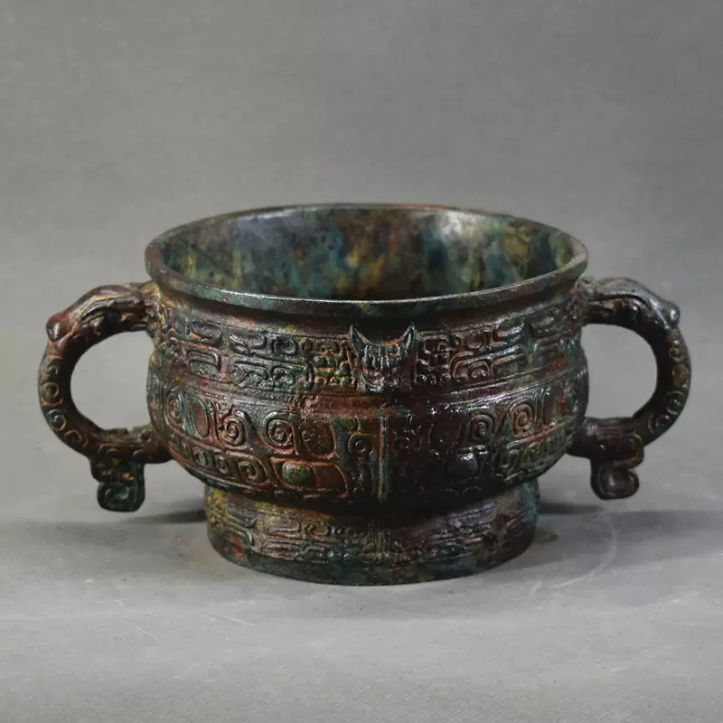 香炉□古青銅 古代紋 耳付き 花器 双耳 ブロンズ 祭具 火器 ふらつい 