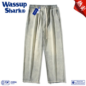 Wassup Shark American Vintage Washed Old Yellow Mud Jeans Spring and Autumn Men's Loose Wide Leg Pants