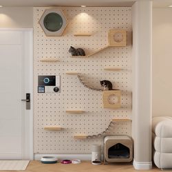 Solid Wood Cat Climbing Frame with Perforated Board, Integrated Cat Bed, Wall-Mounted for Small Apartments, Space-Saving, Wall-Mounted Cat Jumping Board Playground