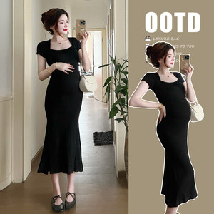 
Fashionable maternity dress summer fashion hot mom square collar elastic waist-retracting slimming T-shirt fishtail skirt long skirt