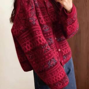 
Christmas outfit red half-turtle collar jacquard sweater for women autumn and winter loose lazy relaxed pullover sweater top